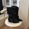 Botas de cuero de tacón alto para mujer estilo retro con punta fina, botas de montar hasta la pantorrilla con hebilla de cinturón apilable, moda de verano, botas apiladas versátiles
