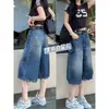 Jeans Cropped Azul Retrô Plus Size para Mulheres Verão 2025 Gordas mm Soltos Cintura Alta Slim Reto Perna Larga Calça Média