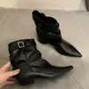 Botines de Tobillo con Punta Baja y Tacón Bajo Estilo Coreano para Mujer 2026 Otoño Hebilla Marca Pequeña Botas para Pantalón Tacón Grueso Versátiles Botines de Poner de Moda