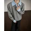 Suéter Falso de Dos Piezas Estilo Old Money para Hombre, Cuello Turn-Down de Invierno, Punto de Manga Larga con Cuello Polo Juvenil de Alta Gama, Grueso de Moda