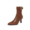 Botas de couro de duas camadas + super elásticas para mulheres, botas de corte justo para outono e inverno, saltos agulha com bico quadrado e detalhe de fivela, botas de tornozelo elásticas para mulheres