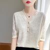 Doce decote em V Tencel malha de manga curta feminina Organza costura gola de orelha leve Lyocell crochê meia manga base