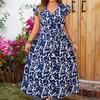 Vestido de talla grande con estampado europeo y americano de Amazon, nuevo de estación independiente, cuello en V, manga corta, estampado en la cintura, vestido azul