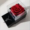 Caixa de Joias com Flor Real Rosa Imortal e Luz, Gaveta Dupla de Acrílico para Anel, Colar, Caixa de Presente