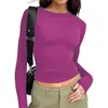 Camiseta Base Elástica de Manga Larga con Cuello Redondo Más Vendida en Aliexpress para Mujer, Top Versátil de Color Sólido Ajustado para Ventas Transfronterizas de Amazon