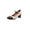 Sapatos Mary Jane de pele de cabra elegantes e versáteis com blocos de cores 2024, salto alto grosso, bico redondo, fivela de couro genuíno, para mulheres
