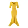 Vestido Elegante Longo Sexy com Gola Flare, Manga Média, Saia Cauda de Peixe, Justo no Quadril, Novo Estilo de Verão, Marcação na Cintura, Plissado, Ajustado ao Corpo