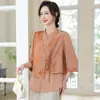 Roupa Estilo Nacional para Mães, Novas Blusas Estilo Chinês de Verão, Nova Roupa para Mulheres de Meia-Idade 2026, Blusa Elegante Estampada com Manga Três Quartos