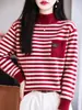 Suéter de punto grueso de cuatro hilos con rayas y cuello medio alto para mujer, nuevo estilo de otoño e invierno, cálido, holgado, retro francés, top básico de punto