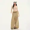 Pantalones casuales de cuadros plisados de pierna ancha de corte holgado para mujer, pantalones largos caqui, pantalones de paracaidista extendidos caqui, seda de hielo