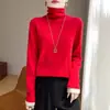 Camisa básica de tricô feminina de manga comprida, novo suéter pulôver, blusa de tricô solta com gola dupla empilhada e cores contrastantes para outono e inverno