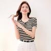 Nuevo Estilo de Verano 2025 Exquisito Coreano Dongdaemun Prendas de Punto de Manga Corta para Mujer Suéter Rayado Top de Cuello Redondo con Cordones