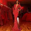 Vestido Justo Europeu e Americano de Primavera 2025 Transfronteiriço com Bainha Rabo de Peixe Vermelho Paetês Manga Longa Decote em V