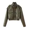 Moda Europea y Americana Transfronteriza Aliexpress Más Vendido Nueva Chaqueta Corta de Cuero Sintético de Manga Larga Versátil con Cuello Alto y Cierre