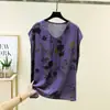 Camiseta Feminina de Algodão e Seda Estampada de Manga Curta e Gola Redonda para o Verão, Solta e Respirável, Camada Base de Viscose Tamanho Grande para Meia-Idade e Idosos