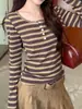 Camiseta de Rayas Estilo Americano con Cuello en U Retro de Manga Larga para Mujer, Nuevo Top de Punto Base Dulce Picante para Otoño/Invierno Ajustado