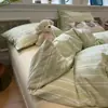 Conjunto de cama simples de quatro peças xadrez listrado feito de algodão puro, textura de algodão lavado, lençol e capa de edredom, conjunto de três peças para dormitório