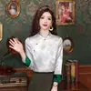 Camisa de Seda Feminina com Gola Chanfrada, Estilo Novo Primavera/Verão, Redutora de Idade, Jacquard Retrô, Seda de Amora, Top Estilo Chinês Novo