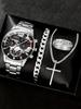 Relógio de Pulso Masculino de Moda com Pulseira de Aço Geneva Casual Business Calendário Quartzo Colar Cruz Anel Pulseira terno