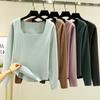 Camisa de terciopelo de estilo coreano de otoño e invierno, camiseta de cuello cuadrado de manga larga, ropa interior de mujer, top grueso y cálido con forro polar de corte ajustado de talla grande