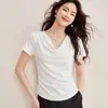 Camiseta de Seda com Gola Drapeada, Cintura Franzida, Efeito Emagrecedor, Mangas Curtas, Top Irregular Ultra Macio de Modal com Toque de Algodão