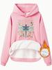 Sudadera de mujer transfronteriza de otoño e invierno con capucha y bolsillo tipo canguro de manga larga con forro polar y estampado de libélula gruesa.