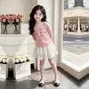 Conjunto de Dos Piezas para Niñas de Mediana y Gran Edad: Camiseta Casual Delgada de Manga Corta con Encaje Elegante Lindo Dulce Moda