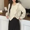 Blusa chic coreana para ir al trabajo, de cuello redondo, con corbata irregular en la parte delantera