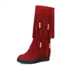 Botas Rasteiras Novas de Solado Grosso Outono/Inverno Botas com Franjas Estilo Étnico Tamanho Grande 40-44 Botas Femininas Calçados de Exportação Transfronteiriça