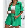 Em estoque 2025 Transfronteiriço AliExpress Moda Shorts Duas Camisas de Cor Sólida conjunto Feminino Casual Solto Manga Curta Fileira Única
