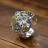 Anillo de Cabeza de Tigre de Plata de Ley 925 Retro para Hombre Tigre Hombres Moda Boca Viva Ajustable Hip-Hop Elegante Grande Dominante