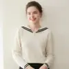 Suéter de Estilo Casual con Base de Tejido Rayado, Cuello Azul Marino Holgado Ropa Interior para Mujer, Doce Colores Cachemir Adelgazantes Tejido de Bloqueo de Color