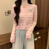 Estilo Doce de Outono Cardigan de Tricô com Listras Florais 3D Novo Lançamento Feminino Nicho Slim Curto Camada Interna Top Básico