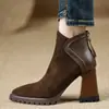 2026 Botines de Tobillo de Tacón Alto con Punta Afilada, Estilo Coreano de Moda, Chic, Otoño/Invierno, Suela de Goma, Tacón Grueso, Color Café
