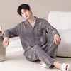 Pijama de Talla Grande para Hombre Primavera y Otoño Algodón Puro Casual Holgado Cuello de Solapa Manga Larga Adolescentes Pueden Usar Ropa de Casa para Salir Conjunto