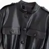 Chaqueta de cuero PU con cuello alto, de un solo botón, que ajusta la cintura, con cinturón, nueva moda de otoño e invierno, versátil, corte ajustado, elegante, top casual para mujer