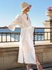 Vestido Estilo Resort Francês para Mulheres Outono Novo Algodão e Linho Branco Cadarço Linha A Vestido Camisa Cintura Saia Longa para Mulheres