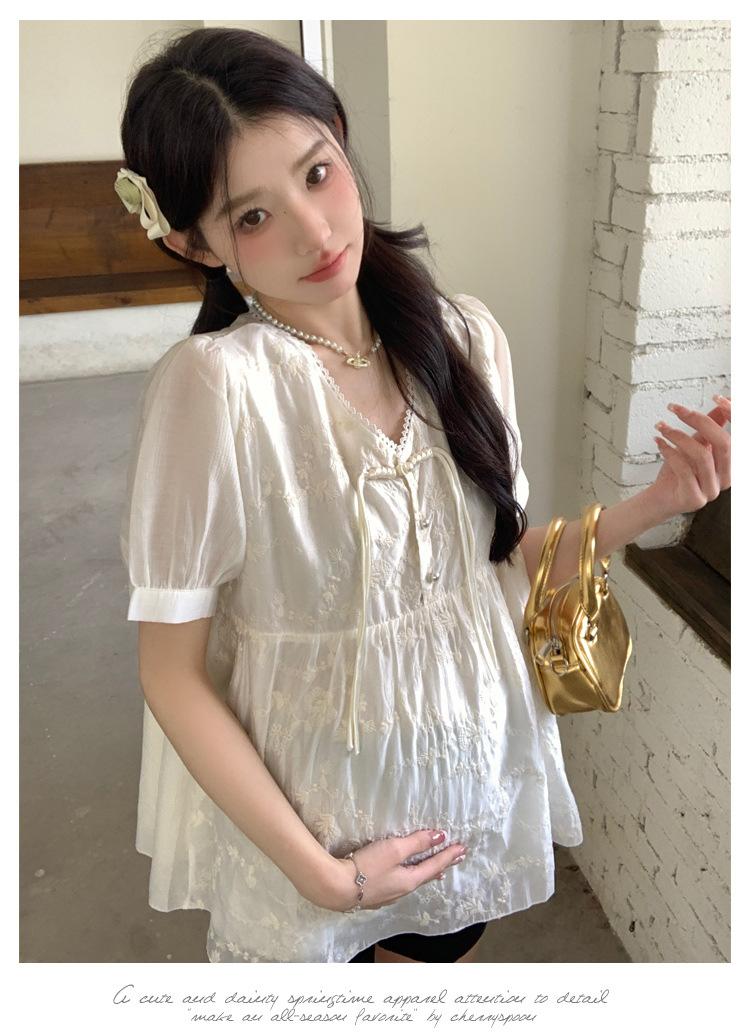 新中式孕妇套装宽松绣花雪纺衫托腹裤两件套
