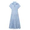 Ropa de Verano Europea y Americana Estilo Europeo y Americano Solapa Manga Corta Abotonado Bordado Calado Vestido para Mujer