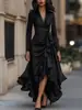 2026 Outono Novo Vestido Elegante com Gola V, Cintura Marcada, Alça de Amarrar com Babados, Site Independente da Amazon Transfronteiriço
