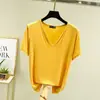 Camiseta de verano de manga corta con cuello en V para mujer, camiseta interior fina y adelgazante, combina con todo, talla grande, holgada, color liso.