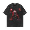 Hot Blood Anime estampa vintage lavada distressed T-shirt verão casual all-match marca de moda americana frouxa injeção digital direta