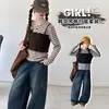 Conjunto de primavera y otoño estilo coreano 2026 para niñas mayores, conjunto de mezclilla de dos piezas simulado con tirantes a rayas para niña, elegante