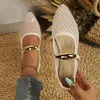 Moda Novo Sapato Rasteira Feminino com Tira de Fivela Única e Malha Vazada, Bico Redondo e Corte Baixo, Sapato Mary Jane de Renda para Mulheres