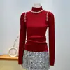 Tejido de hilo de núcleo, tejido decorativo de alta resistencia para mujer, moda otoño e invierno 2026 nuevo modelo, top con cuello semi-alto fruncido
