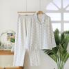 Primavera Verão Outono Novo Fio Duplo de Algodão Roupas de Casa Pijamas 100% Algodão Calças de Manga Longa Crepe Pijamas Respiráveis Casuais plus size