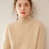 Tejido de punto 100% cachemira grueso y pesado para mujer, de cuello alto medio, tejido suelto, base de ropa de trabajo retro elegante