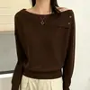 Suéter grueso de punto grueso con hombros descubiertos estilo coreano para mujer, diseño de otoño e invierno, top holgado y casual de manga larga