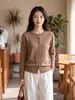 Elegante y juvenil cárdigan de punto 100% lana con cuello redondo y botones para mujer, chaqueta suéter de punto de manga larga para principios de otoño
