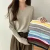 Suéter Popular de Otoño con Cuello en V de Angora Rojo de Manga Larga para Mujer, Look Adelgazante Holgado de Primavera, Ropa de Trabajo Camisa Base